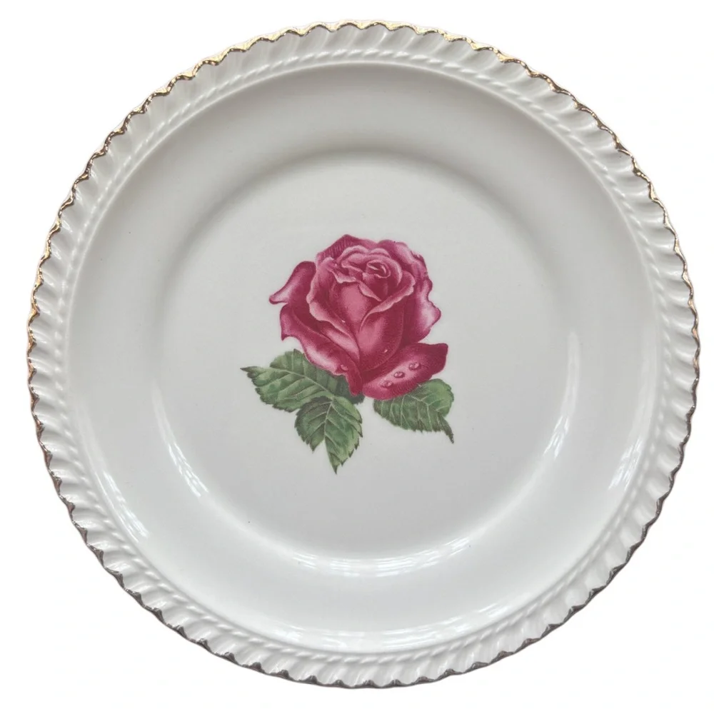 Vintage Floral Plates Harkerware China Rose 2 Pc Plate Set Cottage Pink Ivory
